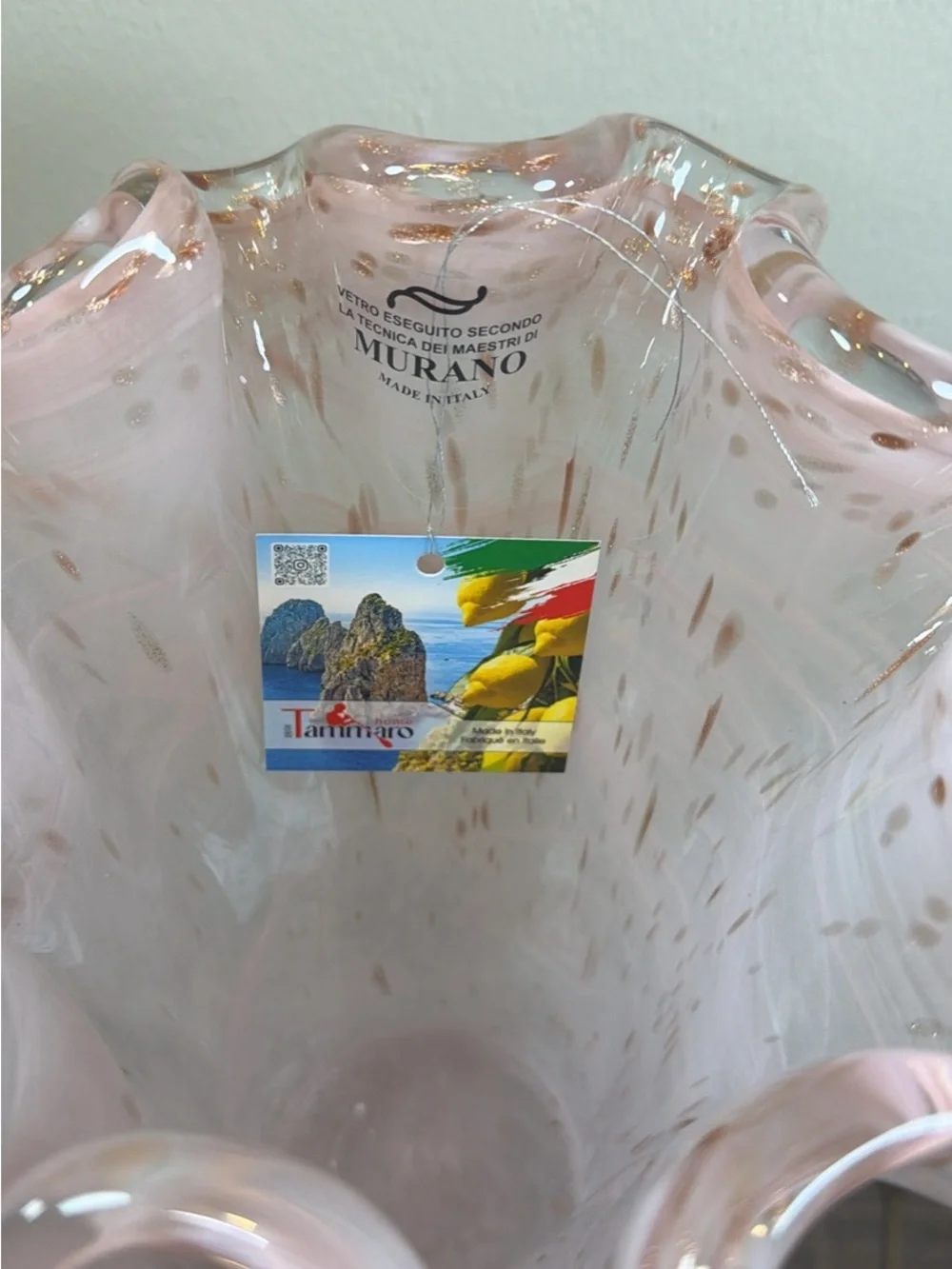 Murano Italy Hand Blown Art Glass Vase 12” Pink Gold Aventurine Ruffled Rim